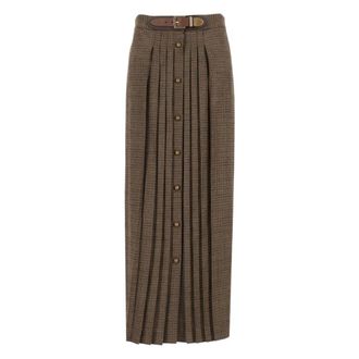 Etro Rokken, Dames, Bruin, M, Wol, Wol Maxirok Met Plooi en Ruitmotief