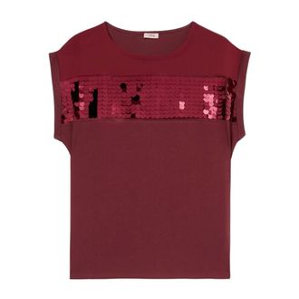 Oltre Tops, Dames, Rood, M, Pailletten, T-shirt van dubbel materiaal met pailletten