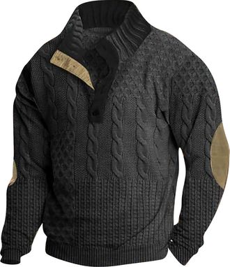 Generic Mens Pullover Sweatshirts 3D Print Button Sweatshirts Elbow Patch Stand Collar Sweatshirt Casual Long Sleeve Sweatshirt Loose Fit Workwear Sweatshirt 