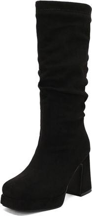 Generic Womens Slouchy Knee-High Boots Round Toe Chunky Block Heels Platform Sole Comfortable Non-Slip Wear-Resistant for Date Nightclub Casual Gathering,Blac