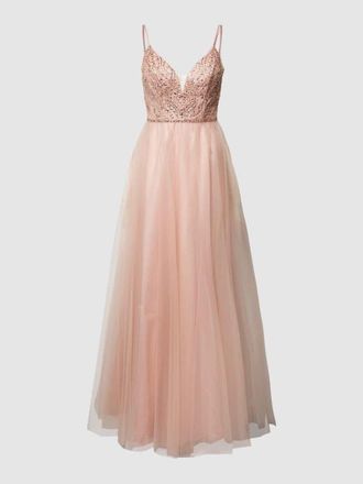 Unique Abendkleid mit Zierstein- und Paillettenbesatz in Lachs, Gr&ouml;&szlig;e 36