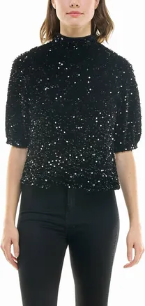 Nicole Miller Ava Velvet Sequin Short Sleeve Top In Very Black