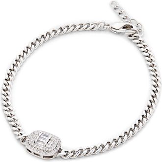 Savvy Cie Jewels RHODIUM PLATED CUBAN LINK BRACELET WITH WHITE CZ STATION BRACELET