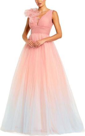 Mac Duggal Ruffle Shoulder V Neck Ombre Tulle Ballgown in Pink Multi at Nordstrom, Size 14