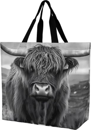 Generic Highland Cow Reusable Shopping Bags One Shoulder Grocery Tote Bag Waterproof Big Purse for Work Travel