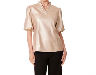 Dolce Cabo Faux Leather Ruffle Neck Top In Pale Gold