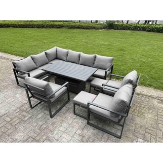 Fimous 10 Piece 11 Seater Aluminum Corner Sofa Set with Chair & 2 Stools in Dark Grey