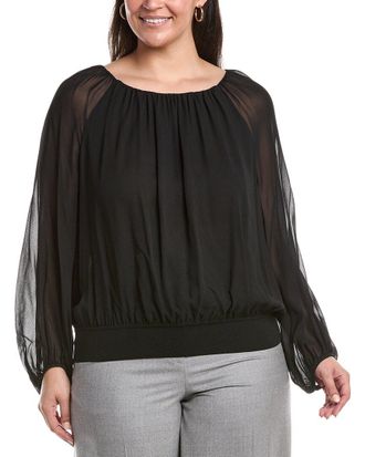 Lafayette 148 New York Plus Gathered Neck Balloon Silk Blouse