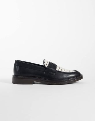 Noak Made In Portugal - Mocassini in pelle nera con dettaglio con moneta e grembiule in rafia-Nero