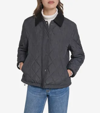 Cole Haan Womens Cross-Hatch Quilt Cropped Jacket - Grey Size Medium