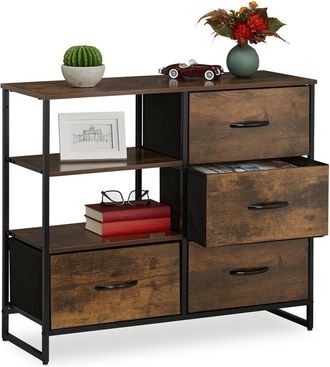 Relaxdays Sideboard in Stile Industriale, Comò a 4 Cassetti, 2 Scomparti Aperti, HxLxP: 71,5x84x32,5 cm, Marrone/Nero - Relaxdays