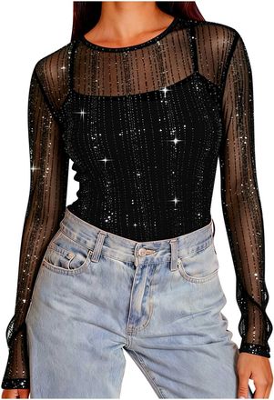 Generic Sequin Tops for Women Sexy Long Sleeve Mesh Top Slim Fit Sheer Crew Neck See Through Shirt Sparkling Cocktail Party Transparent Blouse Sparkly Blouses
