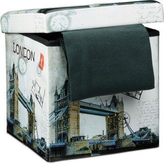 Relaxdays Sgabello Contenitore, 38x38x38 cm, Pouf Portaoggetti, London, Pelle Finta, Coperchio Imbottito, Multicolore - Relaxdays