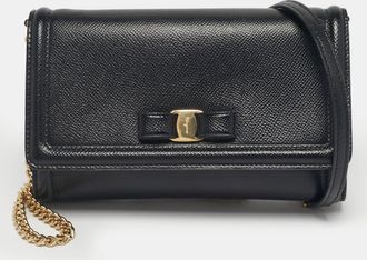 Ferragamo Black Leather Vara Bow Clutch Bag