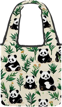 Generic Cute Panda Pattern Reversible Canvas Shoulder Tote - Double-Sided Print, 12oz Cotton, 27cm Drop, Fold-Flat Bag for Travel, Shopping, Street Outings