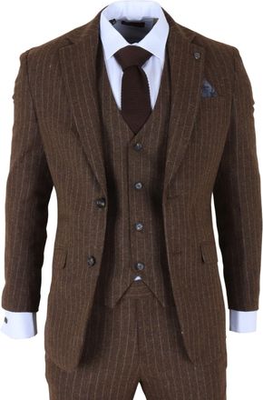 TruClothing Mens Brown Pinstripe 3 Piece Slim Fit Formal Dinner Suit Wool - Size 40 (Chest) 34 (Waist)