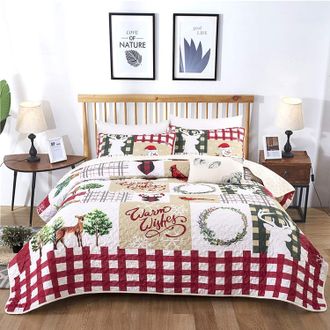 OEM Colcha Navide&ntilde;a De 240x220 Cm, Con Estampado De Ciervos Y Abetos, De Microfibra Ligera, Juego De 3 Piezas