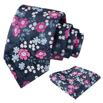 Alizeal Mens 8cm Floral Tie with Pocket Square Fashion Elegant Wedding Business Necktie Set, Navy+Hot Pink