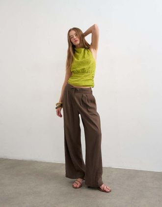Topshop Pantaloni a palloncino in lino color cioccolato allacciati in vita-Marrone