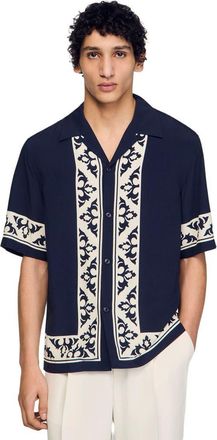Sandro Contrast print loose-fit shirt in Navy Blue at Nordstrom, Size Xx-Large