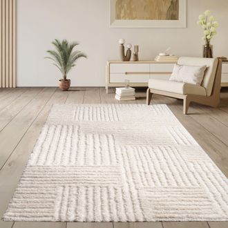 Paco Home Paco Home - Alfombra Salon De Habitacion Pelo Largo Nordica Boho Chic Lisa Felpa Dibujo Geometrico Crema 120x160 Cm