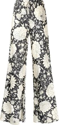 Roberto Cavalli Zijden broek met bloemenprint - Dames - Wijde Broeken - Zwart - L - Broeken