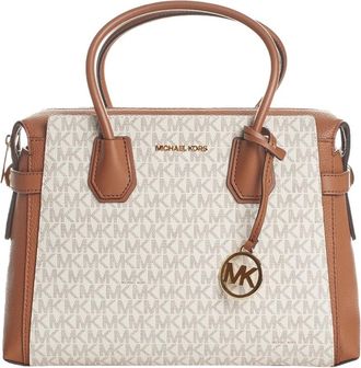 Michael Kors Mercer Medium Signature Logo en Lederen Schoudertas met Ceintuur - Dames - Handtassen - Beige - ONE Size - Katoen - Tassen