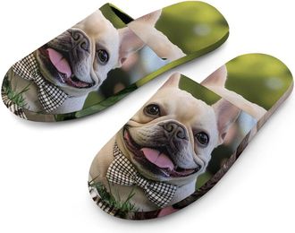 Generic French Bull-dog Mens Slippers Flannel Warm House Shoes with Rubber Anti-Slip Sole Slip On for Home Outdoor