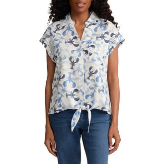 Jones New York Lobster Print Tie Front Shirt in Natural White Multi at Nordstrom, Size X-Small