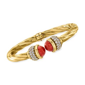 Ross-Simons Italian Carnelian and CZ Twisted Cuff Bracelet in 18kt Gold Over Sterling