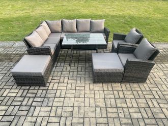 Fimous High Back Outdoor Garden Furniture Set Rattan Corner Sofa Dining Table Set With 2 Big Footstool in Dark Grey
