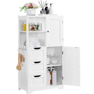 Yaheetech Yaheetech - Mobile Da Bagno Mobiletto Da Terra Con 3 Cassetti E Armadietto Mobile Con Ganci Portaoggetti Armadietto Moderno Salvaspazio 60 X 30 X 107 