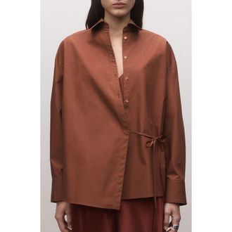 Mango Oversize Faux Wrap Cotton Button-Up Shirt in Russet at Nordstrom, Size 8