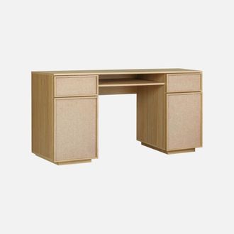 Sweeek Escritorio Efecto Madera Y Tela Con 2 Puertas, 2 Cajones Y 1 Nicho, 140cm