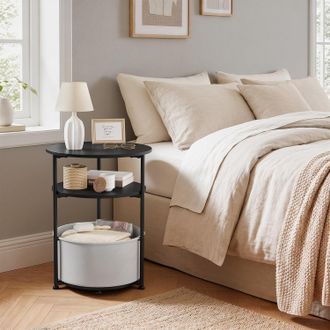Woltu Woltu Mesa De Centro Redonda Con Cesta De Almacenamiento, Mesa Moderna Para Sal&oacute;n, Negra Y Gris