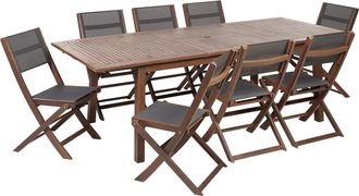 Beliani Conjunto De Comedor 8 Plazas De Madera De Acacia Oscura Gris Tela Pvc Mesa Extensible Sillas Plegables Cesana