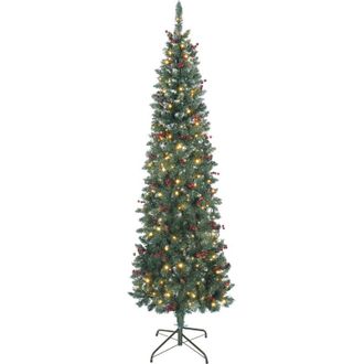 HOMCOM Rbol De Navidad Estrecho 210 Cm, Con Luces Led, 8 Modos De Iluminaci&oacute;n, Ramas Con Purpurina Plateada, Pi&ntilde;as, Bayas Y Soporte Met&aacute;lico, Verde - Homcom
