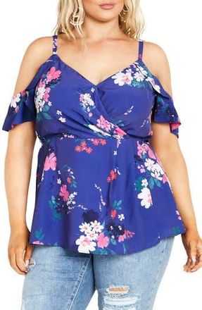 City Chic Kallie Floral Cold Shoulder Top in Cobalt Lotte Bouquet at Nordstrom Rack, Size L/20W
