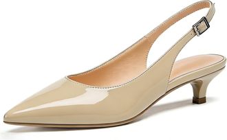 EDEFS Beige Patent Slingback Heels for Women 1.5 Inch Low Kitten Heel Pointed Toe Court Shoes for Work Office and Evening Wear UK2
