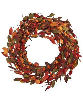 Nearly Natural 20in Harvest Leaf & Mini Pumpkin Artificial Wreath