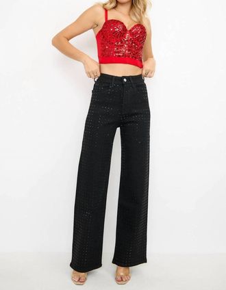 Kiwi Saint-Tropez Rhinestone High Waisted Stretch Wide Leg Denim Pants In Black