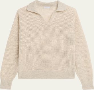 Brunello Cucinelli Shimmering Mohair Net Knit Polo Sweater