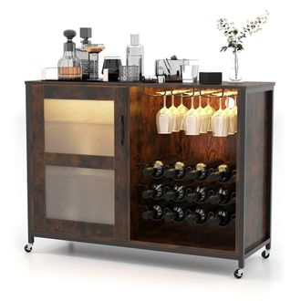 Costway Costway Wooden Wine Bar Cabinet Rolling Kitchen Buffet Sideboard w/LED Lights in Brown