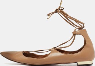 Aquazzura Beige Leather Christy Tie Up Pointed Toe Ballet Flats