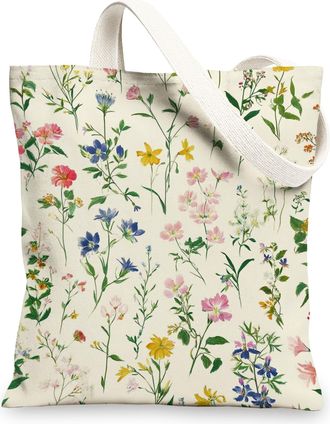 Generic Floral Canvas Tote Bag, Vintage Reusable Shopping Bags, Linen Lightweight Shoulder Strap Bags 13x15 Inch