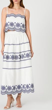 French Connection Alissa Embroidered Crop Cotton Top in Linen White Electric Indigo at Nordstrom, Size X-Large