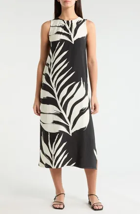 Melloday Palm Print Sleeveless Shift Midi Dress in Black Bone Leaf at Nordstrom, Size X-Small