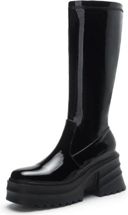 Generic Womens Round Toe Knee High Platform Boots Glossy PU Leather Elastic Cuff Side Zipper Non Slip Wear Resistant Chunky Sole Comfortable Stylish for Stree