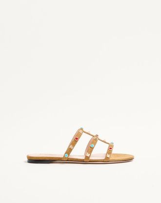 Valentino Garavani Sandalo Slide Rockstud In Crosta Con Pietre Cabochon Donna HAVANA BEIGE 35.5