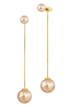 Savvy Cie Jewels CHAMPAGNE SHELL PEARL AND LONG CHAIN DRAMATIC DROP EARRINGS